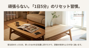 寝る前の散らかったテーブルと、翌朝の片づいたテーブルの比較写真。