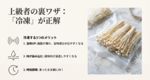 冷凍により旨味がアップし、味が染み込みやすくなり、凍ったまま調理できるため時短になるというメリットをまとめたスライド。