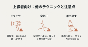 ドライヤーを離して使う方法、息を吹き込む方法、温めてから手で戻す方法などのテクニックと注意点をまとめた図