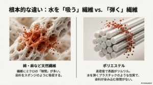 水を吸うスポンジ構造の天然繊維と、水を弾くプラスチック構造のポリエステルの比較図