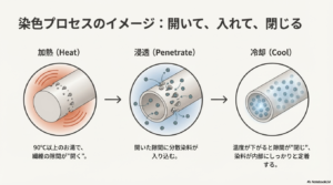 加熱して繊維の隙間が開き、染料が入り込み、冷却して定着する3段階の工程図