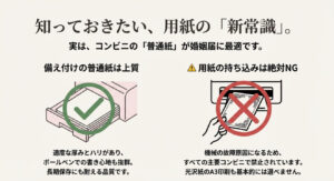 コンビニの普通紙が書き心地抜群で最適であることと、用紙の持ち込みが絶対NGであることを図解したスライド