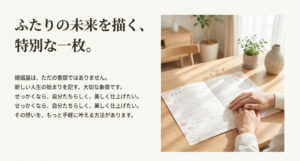 テーブルに置かれたおしゃれな婚姻届に手を添えるカップルの写真と、「ふたりの未来を描く、特別な一枚。」というメッセージのスライド