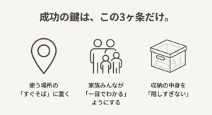 地図のピン、家族、箱のアイコン。「すぐそばに置く」「一目でわかる」「隠しすぎない」という3つの成功ルール。
