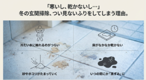 冬の玄関掃除でありがちな、寒さ・乾きにくさ・黒ずみの蓄積を表すイラスト